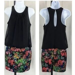 Aidan Mattox Mini Dress Chiffon Blouson Sheath Dress Black Floral Skirt Sz 2